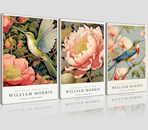 3 Pcs Framed Canvas Wall Art Set William Morris Style Floral Bird Print Botanical Poster Artwork Gallery Home Decor Vintage Canvas Wall Art for Living Room Bedroom Office Bathroom Dorm 12x16 Inch