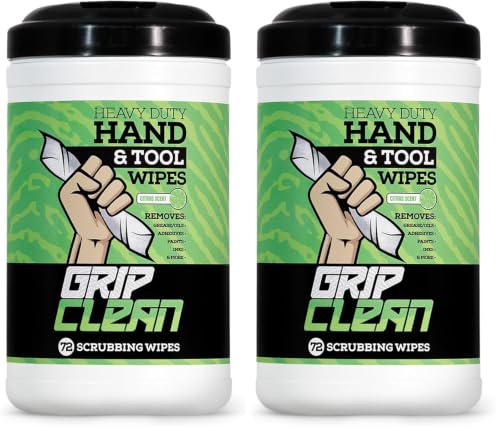Image of Grip Clean Heavy Duty Hand & Tool Cleaning Wipes - Waterless Hand Cleaner for Mechanics, Garage & Shop Use - Dual-Sided Grease, Oil & Paint Remover Wipes with Citrus Scent - 72ct (Pack of 2)