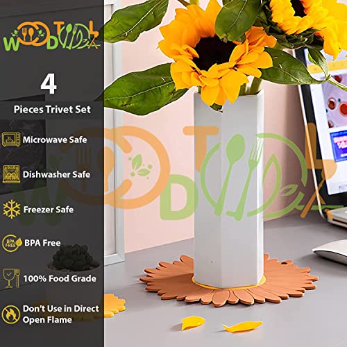 Image of Silicone Trivet Mat - Sunflower Hot Pot Holder Pads - Coasters for Kitchen - Placemat for Hot Dishes - Hot Pads for Table (Set of 4, Big, Brown)