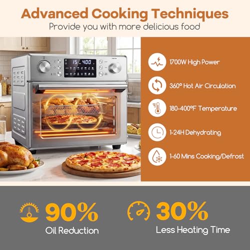 Image of ARLIME 14-in-1 Air Fryer Toaster Oven Combo, 1700W Stainless Steel Countertop Convection Oven with Bake, Rotisserie, Dehydrate & Defrost Functions, 26 QT Large Capacity, 60-Minute Timer & Accessories