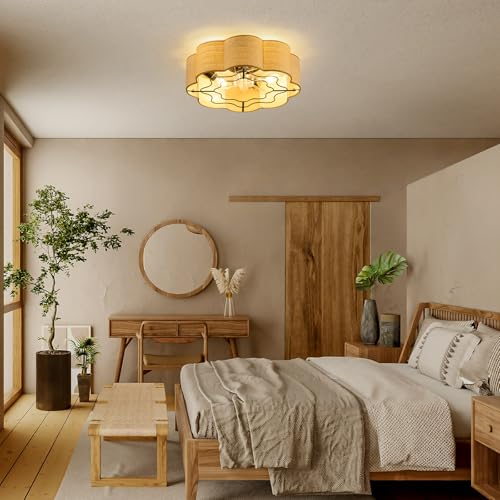 Image of Boho Caged Ceiling Fans with Lights Flush Mount, Rattan Fandelier Chandelier Ceiling Fan with Light with Remote and 6-Speed Motor for Bedroom, Nursery, Living Room