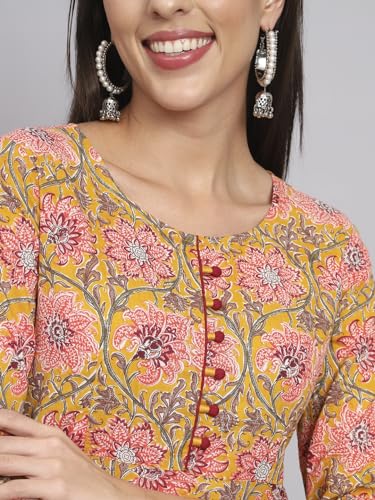 Image of Rapsodia Womens Cotton Green & Brown Floral Printed Flared Kurta