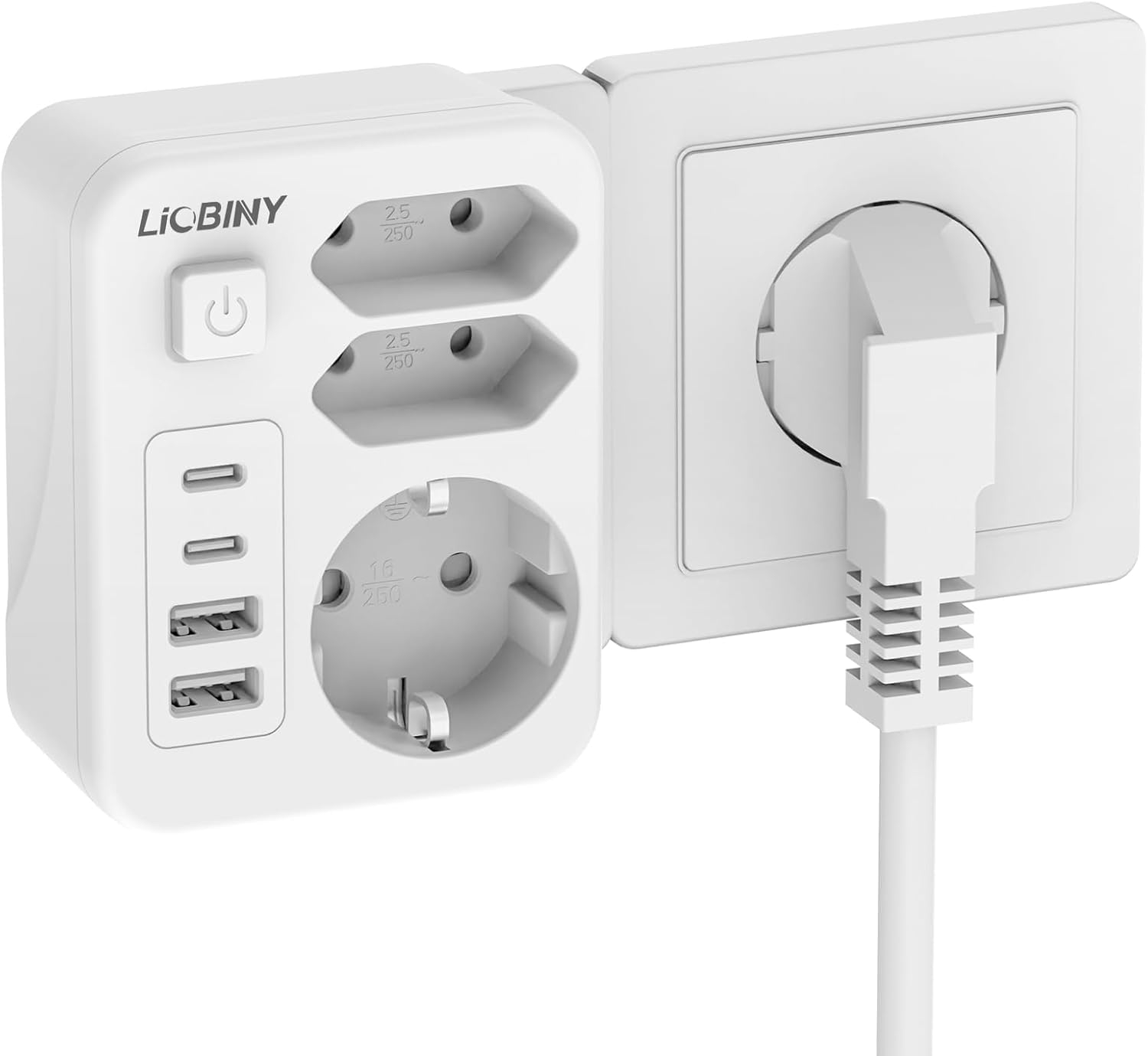 Doppelstecker für Steckdose mit 4 USB, 7 in 1 Steckdosenleiste 3 Fach Mehrfachsteckdose mit Schalter 3680W 16A Steckdosenadapter, Mehrfachstecker USB C Steckdosenverteiler für Büro Hause, Weiß