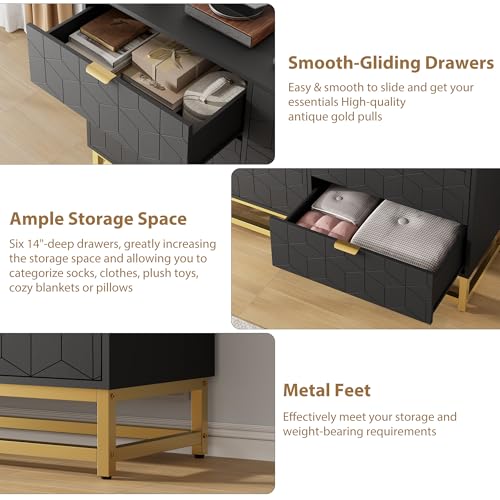 GAOMON Black Dresser for Bedroom,Modern 6 Drawer Double Dresser with Gold Handles,Long Storage Organizer for TV Stand & Closet,Large Chest of Drawers for Living Room,Hallway,Entryway