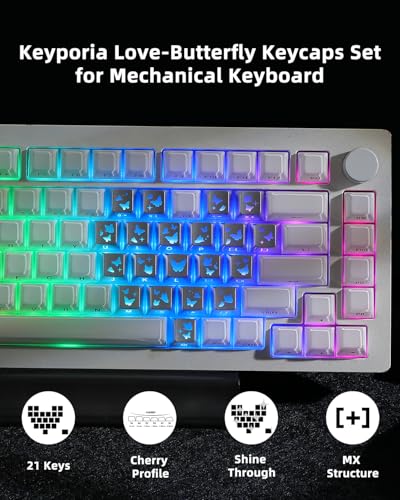Image of 21 Key Butterfly Shine Through Keycaps Set, Love Theme Heart Shape Key caps, Cherry Profile Side Printed Cute Custom Keycaps for MX Swithes Mechanical Keyboards, Silver