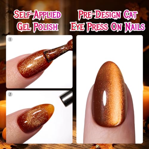 Image of Beetles Cat Eye Press On Nails Short Almond, 32PCS, Pumpkin Spice Halloween | 16 Sizes False Nails, Salon-Quality for Women, 10-Minute Easy Daily Application, All-in-One Complete Kit