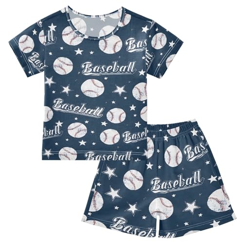 ALAZA Cartoon Vintage Baseball Blue Pajamas Set Short Sleeve Cotton Sleepwear Summer Pjs 2 Piece 5-14Y