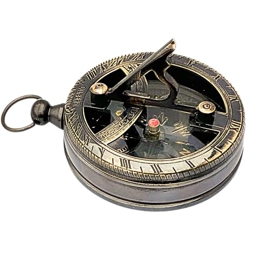 Brújula de bolsillo con reloj de sol náutico en latón antiguo miniatura 1