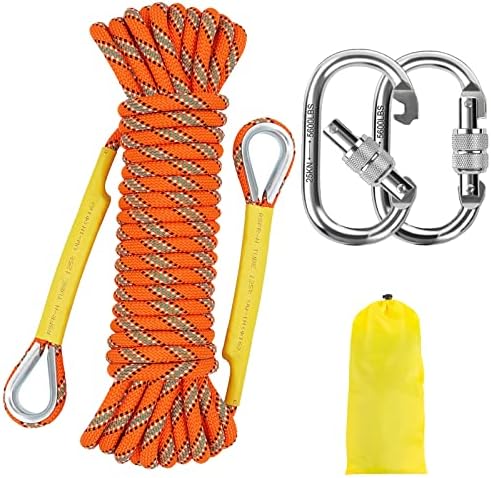 NTR Orange/Black/Blue Climbing Rope 10M(32ft) 20M(64ft) 30M(96ft) 50M(160ft), 8MM Static Rock Climbing Rope with 2 Steel Hooks, Rappelling Rope for Outdoor, Hiking Safety Escape Rope, Rescue Parachute