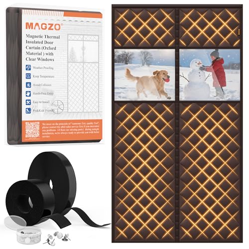 MAGZO Winter Door Curtain Cold Resistant with Perspective Window, 36" x 80", Oxford Filled with Thicken Cotton, Insulation Cover Blanket for Household/Sliding Glass/Patio Doors, Strong Magnets, Brown