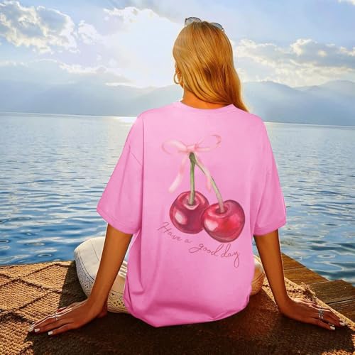 BINTEHGS Oversized Graphic Tees for Women Trendy Cherry Printed Shirt Cute Summer Aesthetic Cotton Tshirts Tops for Teens4