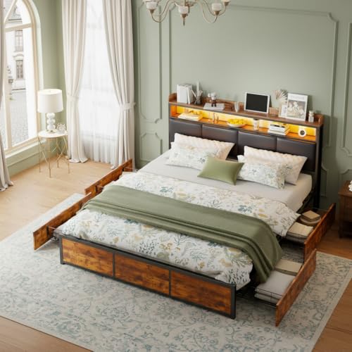 Cama con somier de láminas de metal, cama doble con cajones, cama con luz LED y espacio de almacenamiento, cabecero de madera PU, cama doble moderna de metal para adultos y adolescentes (160x200cm)