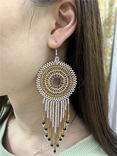Handmade Long Fringe Drop Dangle Statement Earrings for Women Girls Acrylic Boho Ball Beads Round Hoop Tassel Chain Beaded Woven Chandelier Tribal Exaggerated Dream-catcher Ear Piercing Hook Jewelry2