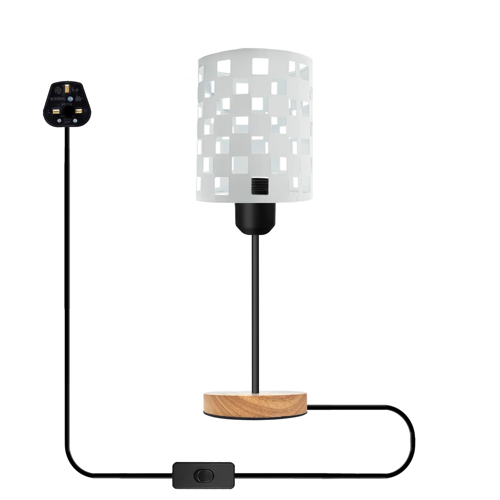 DC VOLTAGE Wooden Stand Bedside Table Lamp Night Wood Desk Metal Barrel Cage 3 Pin Plugin On/Off Switch Control Lamp