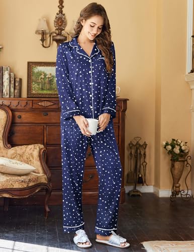 Image of Ekouaer Womens Satin Pajama Set Classic Pattern Silky Pj Sets Button Down Sleepwear Loungewear