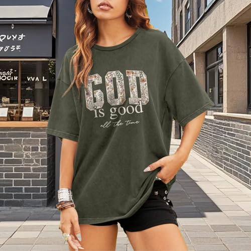 Image of Christian God is Good Shirts for Women Jesus Faith Religious T Shirts Floral Graphic Oversized Acid Washed Tee Tops