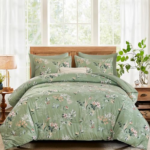 Green King Comforter 7-Piece Floral Bedding Set