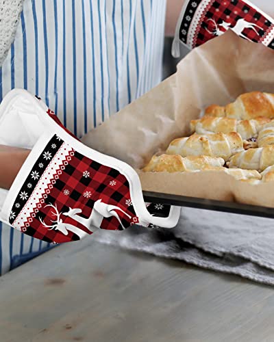 Christmas Reindeer Pot Holders With Pocket For Kitchen, Heat-Resistant Potholders Set Of 2, Hot Pads Oven Mitts With Hanging Loops For Home Cooking Baking Microwave, Buffalo Plaid Red #TOP5