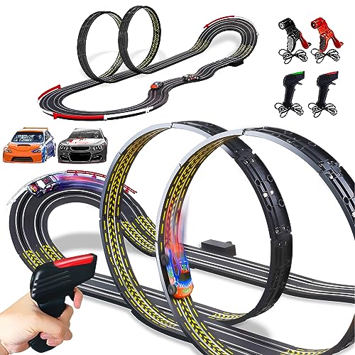 Cusocue High-Speed Electric Powered Super Loop Speedway Slot Car Race Track Set, Two Cars for Dual Racing with 2 Power Method 4 Controllers, Boys Toys for 6 7 8 9 10-16 Years Old Kids Best Gifts