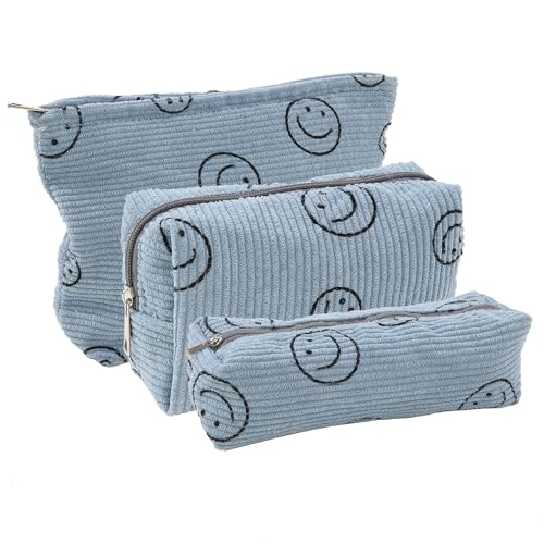 Image of Herchuse Cosmetic Bag 3PCS Pencil Pouch Smiley Face Bag Corduroy Cosmetic Bag Aesthetic Women Handbags Purses (BLUE)