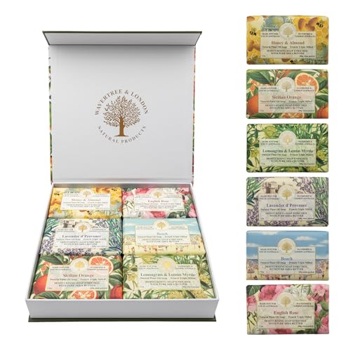 Wavertree & London Natural Soap Bars Gift Set (Set of 6), 7 Oz Assorted Scented Bar Soap Gift Box for Women & Men, Moisturizing & Pure Triple Milled Luxury Bath Soap Bars enriched with Shea Butter