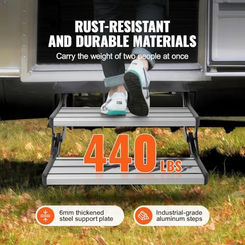 Foldable RV Step Stool - Easy Install Compact Entry Stair for RV, Van & Motorhome, Anti-Slip Design, 440lbs Capacity, Manual Folding Step for Safe Access (No LED Lights)