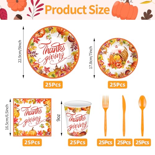 175-Pcs-Thanksgiving-Tableware-Set-Serves-25-Harvest-Themed-Disposable-Plates-Cups-Napkins-Plastic-Forks-Spoons-Knives-for-Thanksgiving-Day-Dinner-Fall-Party-Supplies-Autumn-Gatherings 175 Pcs Thanksgiving Tableware Set Serves 25 Harvest Themed Disposable Plates Cups Napkins Plastic Forks Spoons Knives for Thanksgiving Day Dinner Fall Party Supplies Autumn Gatherings