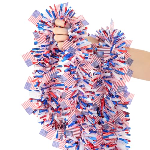 Image of 33FT 4th of July Patriotic Tinsel Garland Red White Blue Metallic Twist Foil Tinsel Garland with Flag for Memorial Day Independence Day Party Door Tree Indoor Outdoor Decoration