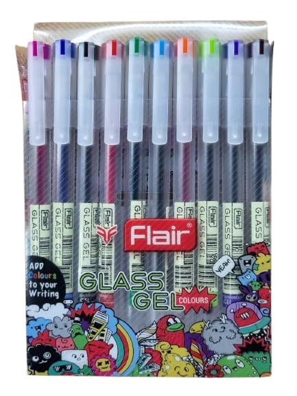 Image of FLAIR Glass Gel Muticolor Pen Set of 10| Waterproof & Low Viscosity Gel Ink For Smooth Flow System| Smudge-Free Writing| 0.6mm Tip| Sleek Body & Minimalist Design| Pack of 1