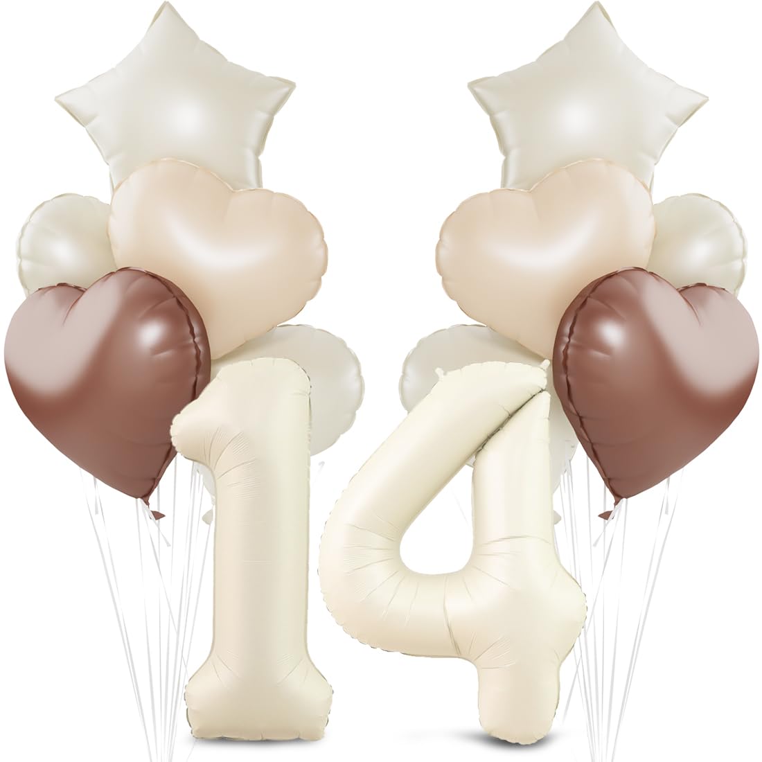 Beige Luftballon 14.Geburtstag,Cremeweiß 14. Geburtstag Ballon Deko,XXL 40 Zoll luftballon 14.，Beige Aprikose Braun Herz Stern Folienballons，für 14 Jahre Geburtstagsdeko Jubiläum Party Dekoration
