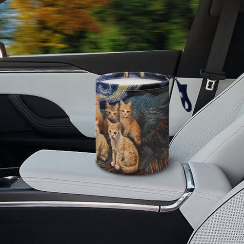 Image of Cat Van Gogh Car Trash Bag Hanging, Car Rubbish Bag Cute, Portable, Collapsible Back Seat, Floor, or Hanging Headrest Waste Basket Car Garbage Accessory