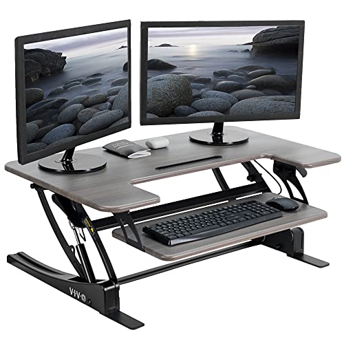 Image of VIVO Dark Gray 36 inch Standing Desk Converter, DESK-V000VG | Height Adjustable, Stand Up Desk Riser, Wide Keyboard Tray, Dual Monitor and Laptop Workstation, Black Frame, V Series