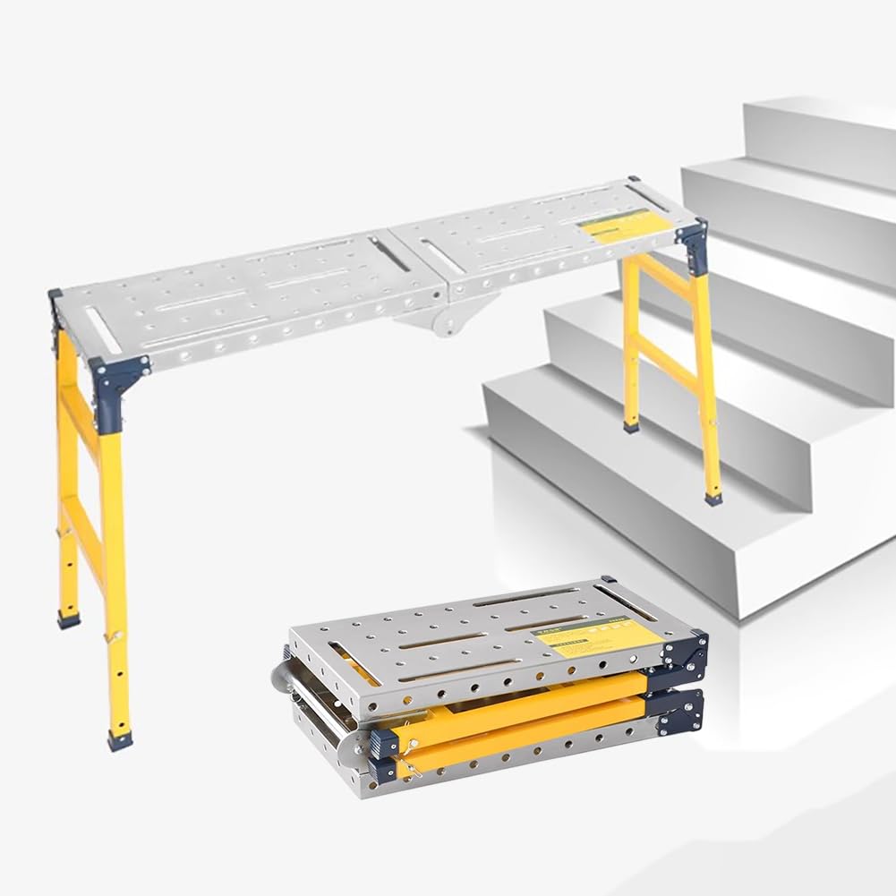 Plataforma de andamio de acero inoxidable resistente, 5 posiciones, altura ajustable, capacidad de 250 kg, diseño plegable con ruedas con patas de goma antideslizantes de 180 cm de largo para