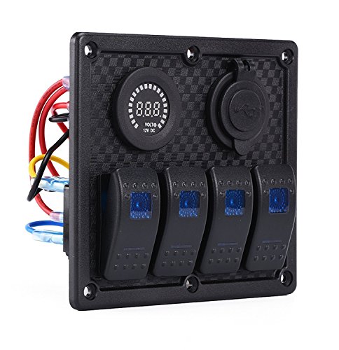 DCFlat 5 Pin 3 Gang / 4 Gang / 6 Gang Car Marine Boat Circuit RV LED Toggle Rocker Switch Panel Breaker Voltmeter with Fuse Double USB for RV Car Boat Blue/Red/Green Light (4 Gang New) - Thumbnail 7