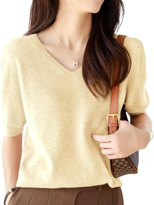 ニット レディース 五分袖 Ｖネック サマーニット カットソー ストレッチ 柔らか 着回し力 薄手 無地 着痩せ シンプル おしゃれ