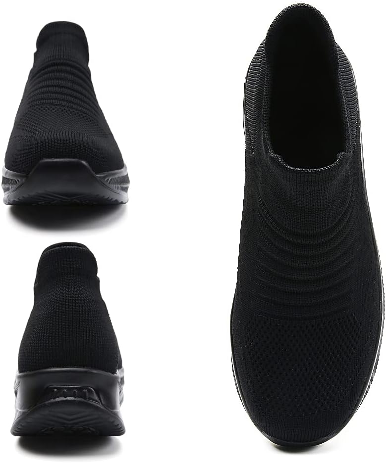 Walking Shoes for Women Tennis Air Cushion Slip Resistant Arch Support Work Shoes Comfortable Mesh Memory Foam Sock Slip On Sneakers All Black US 5.5