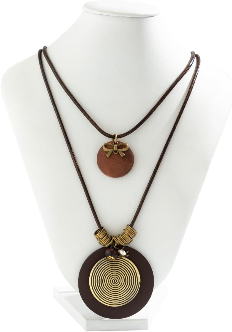 GIGB PBDK Long Boho Necklaces for Women Stacking Leather Cord Wooden Disc Pendant Necklaces Choker Vintage Adjustable Trendy Necklace Jewelry Gift
