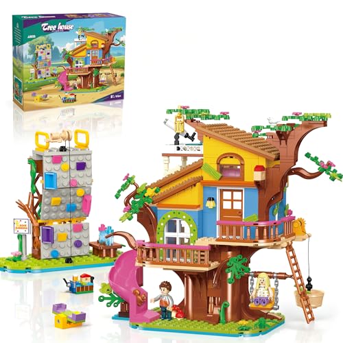 Tree House Building Set with Climbing Wall & Slide 2 Minifigures & 2 Animals Compatible with LEGO Friends Adventure Treehouse Toy with Swing Birthday Gift for Kids Aged 8+ & Adults (823pcs)