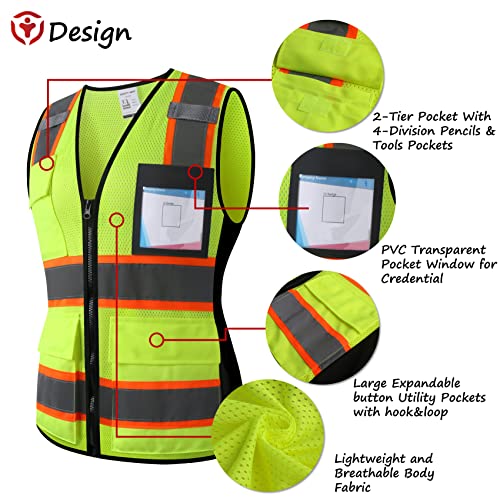 Image of Safety Vest for Men Women Reflective Construction Vest Hi Vis ANSI Standard | ANSI Standard, 8 utility Pockets 4 Reflective Strips with Neon trim High Visibilty Breathable Mesh Safety Apparel for Work