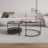 Belord 28” Versatile Nesting Round Coffee Tables Set of 2 for Living Room, Tempered Glass Stacking Nesting Table with Casters and Storage Black