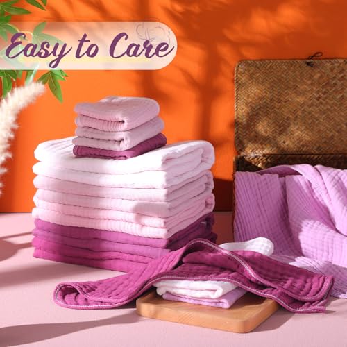Image of VitalCozy 12 Pcs Baby Muslin Hooded Bath Towels and Washcloths, Muslin Hooded Baby Towels Absorbent Blankets for Gift Newborn Infant Shower (Purple Series)