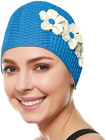 BEEMO Swim Bathing Caps for Women Latex Triple Flowers-Light Blue w/White Flowers