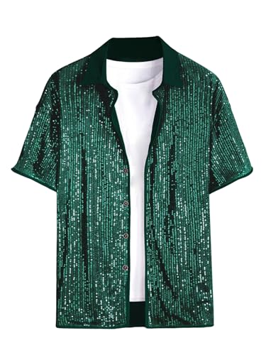 OYOANGLE Mens Sequin Shiny Button Down Shirt Short Sleeve Collared Shirts Party Holiday Tops Dark Green Medium