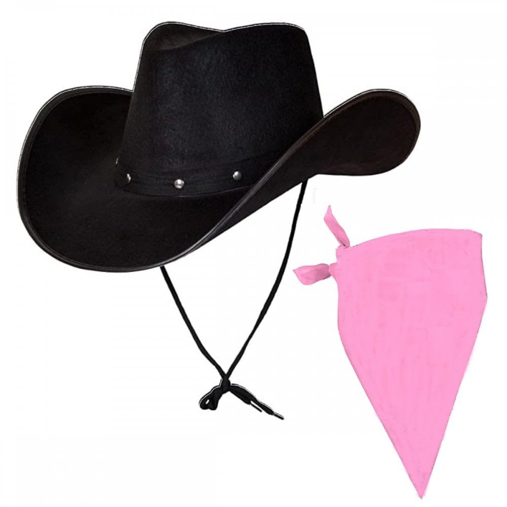 Titch & Timbo Black Texan Cowboy Hat + Bandana Set : Adult Mens Womens Western Wild West Rodeo Barn Dance Cowgirl Music Festival Pop Tour Fancy Dress Accessory (Plain Bandana, Baby Pink Bandana)