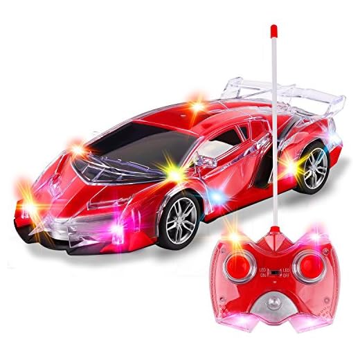 Light Up RC Remote Control Racing Car - 1:20 Scale Radio Control Sports Car with Flashing LED Lights - Ideal Gift Toy for Kids (Red)