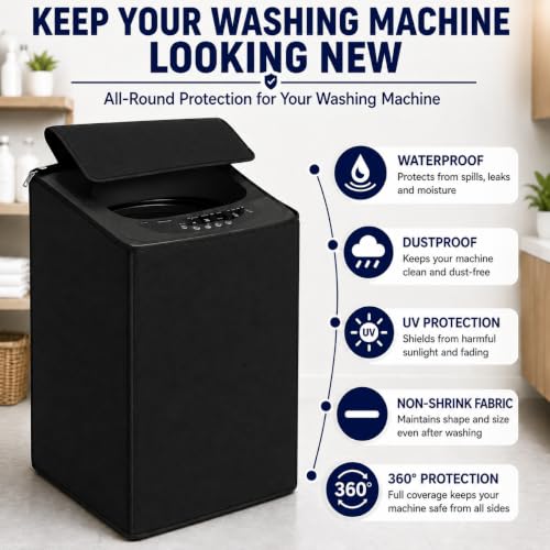 Image of Washing Machine Cover Top Load 6kg to 7.5kg | Heavy Duty Waterproof Polyester Protective Cover | Dustproof & UV Resistant | Universal Fit For All Fully Automatic Machine (Black)