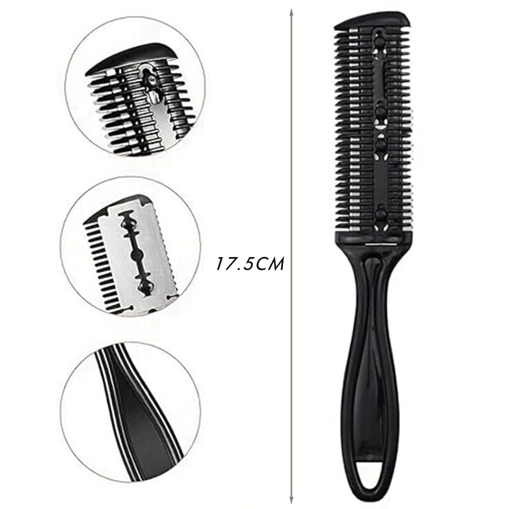 2 Piezas Peine de Afeitar y Corte Profesional, Cortador de Pelo de Doble Cara Recortador de Plástico con Navaja, Kit de Peine para Adelgazar el Cabello