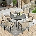 HERA'S HOUSE 7 Pieces Patio Table and Chairs Set, Outdoor Dining Set for 7, 6 x Cushioned Woven Rattan Patio Chairs and 1 x 54” Round Table with Umbrella Hole, Outdoor Rattan Dining Set for Lawn