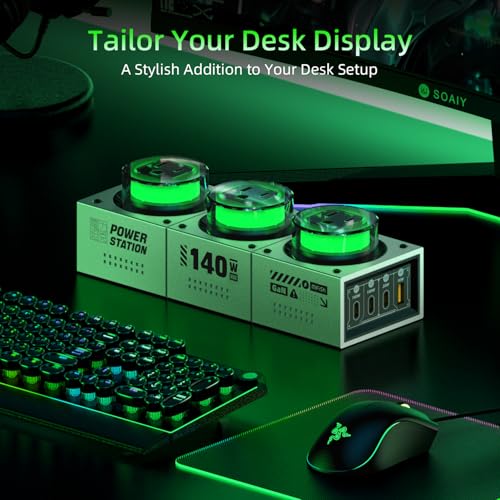 Image of MFish 140W GaN Desktop Charging Station - RGB Gaming Power Hub, 7-in-1 Multi-Device PD 3.1 Fast Charger (3 AC Outlets + 3 USB-C + 1 USB-A Ports) for MacBook Pro, Gaming Setup & Creator Workstation