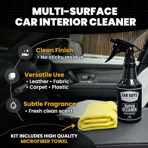 Image of CAR GUYS Interior Car Cleaner for Tough Stains | Stain Remover for Car Seats, Carpet, Upholstery, & Leather | 18 Oz Kit with Microfiber Towel